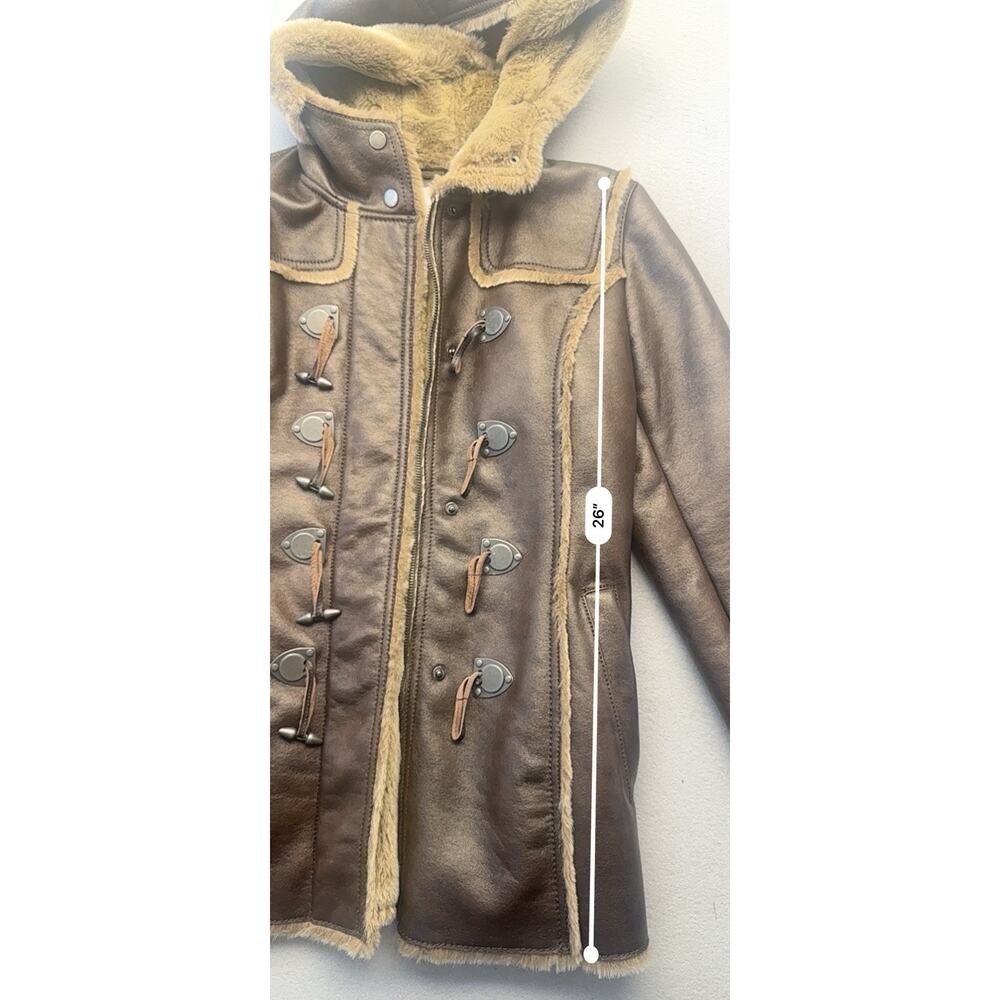 Laundry Shelli Segal Faux Leather Fur Hooded Duffle Toggle Jacket Coat Brown XS - Picture 9 of 15